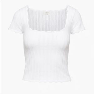 Aritzia Wilfred white Parcel Sweater Short-sleeve pointelle top medium scallop